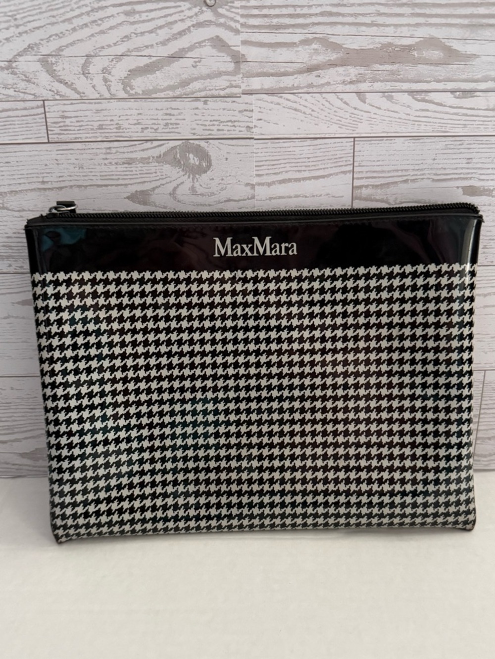 Max Mara Houndstooth Cosmetic Makeup Bag Pouch Zipper vintage black white
